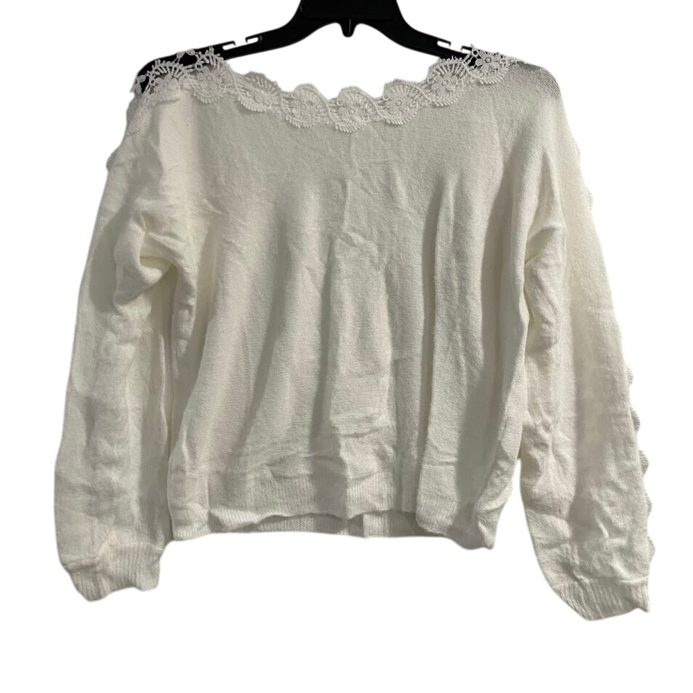 CUPSHE White Lace Trim Knit Sweater Long Sleeve Pullover Women's Size L